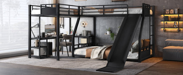English Elm L-Shaped Triple Metal Bunk with Slide Loft Desk USB Ports Kids Shared Room W1580S00735