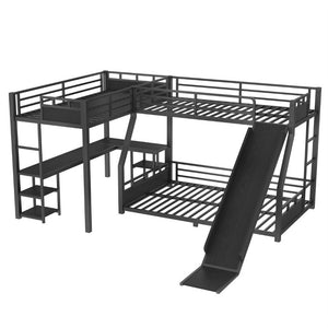 English Elm L-Shaped Triple Metal Bunk with Slide Loft Desk USB Ports Kids Shared Room W1580S00735