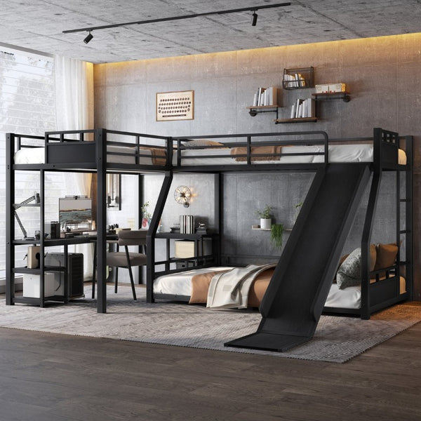 English Elm L-Shaped Triple Metal Bunk with Slide Loft Desk USB Ports Kids Shared Room W1580S00735