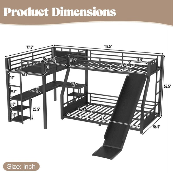 English Elm L-Shaped Triple Metal Bunk with Slide Loft Desk USB Ports Kids Shared Room W1580S00735