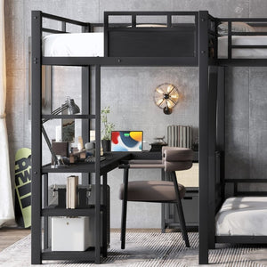English Elm L-Shaped Triple Metal Bunk with Slide Loft Desk USB Ports Kids Shared Room W1580S00735
