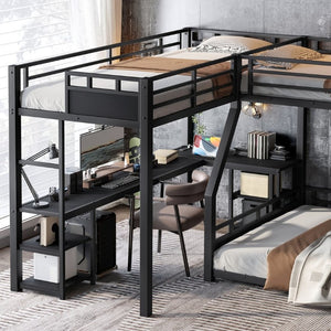 English Elm L-Shaped Triple Metal Bunk with Slide Loft Desk USB Ports Kids Shared Room W1580S00735