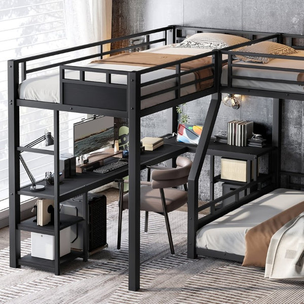English Elm L-Shaped Triple Metal Bunk with Slide Loft Desk USB Ports Kids Shared Room W1580S00735