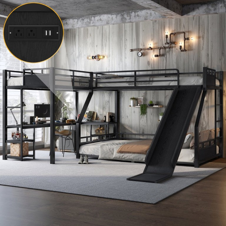 English Elm L-Shaped Metal Triple Bunk with Slide Desk Shelves and USB Port for Kids Rooms W1580S00736