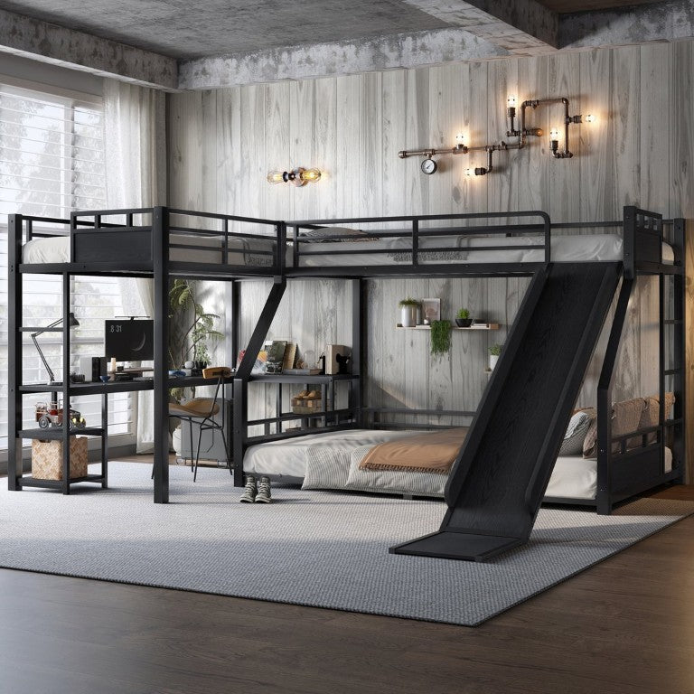 English Elm L-Shaped Metal Triple Bunk with Slide Desk Shelves and USB Port for Kids Rooms W1580S00736