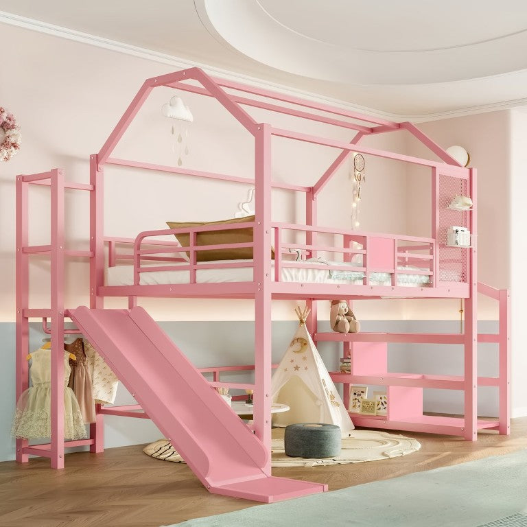 English Elm Full Size House Loft Bed with Slide Staircase Storage Shelves and Guardrails W1580S00738