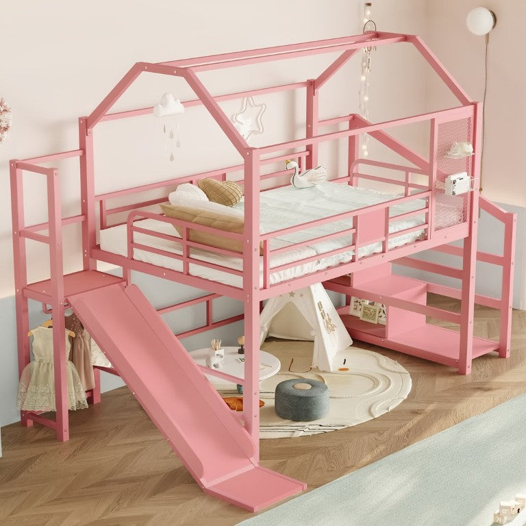 English Elm Full Size House Loft Bed with Slide Staircase Storage Shelves and Guardrails W1580S00738