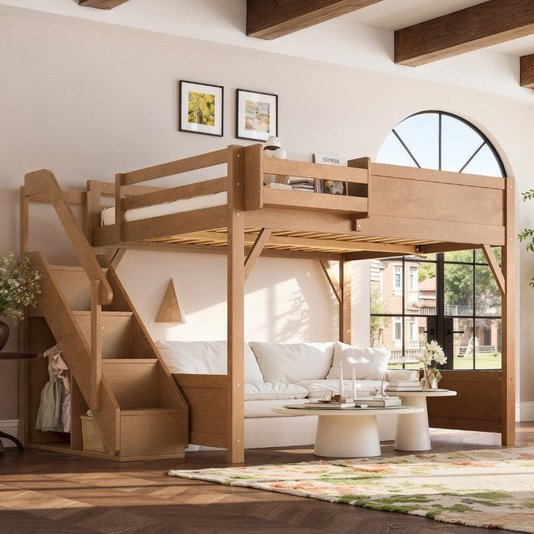 English Elm Queen Loft Bed Solid Pine Frame with Built-In Wardrobe Shelves and Stair Access Antique Natural W1580S00767