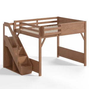 English Elm Queen Loft Bed Solid Pine Frame with Built-In Wardrobe Shelves and Stair Access Antique Natural W1580S00767