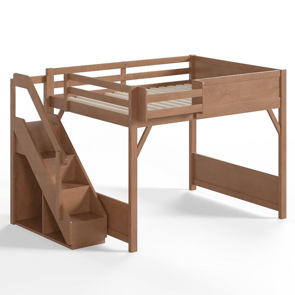 English Elm Queen Loft Bed Solid Pine Frame with Built-In Wardrobe Shelves and Stair Access Antique Natural W1580S00767