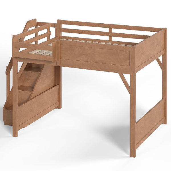 English Elm Queen Loft Bed Solid Pine Frame with Built-In Wardrobe Shelves and Stair Access Antique Natural W1580S00767