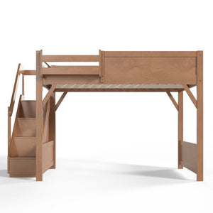 English Elm Queen Loft Bed Solid Pine Frame with Built-In Wardrobe Shelves and Stair Access Antique Natural W1580S00767