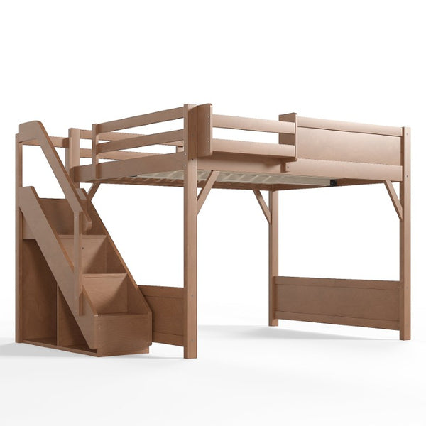 English Elm Queen Loft Bed Solid Pine Frame with Built-In Wardrobe Shelves and Stair Access Antique Natural W1580S00767