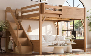 English Elm Queen Loft Bed Solid Pine Frame with Built-In Wardrobe Shelves and Stair Access Antique Natural W1580S00767