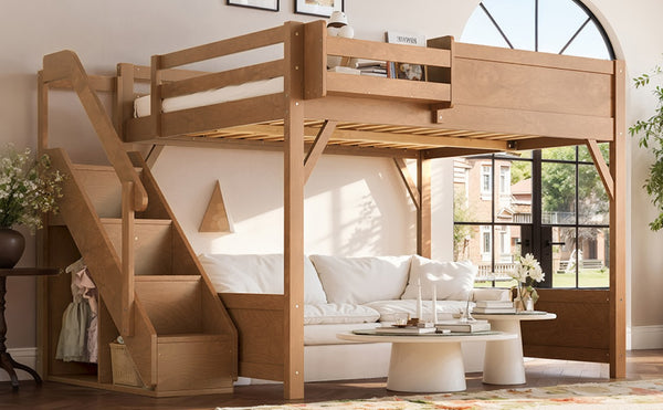 English Elm Queen Loft Bed Solid Pine Frame with Built-In Wardrobe Shelves and Stair Access Antique Natural W1580S00767