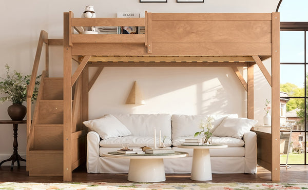 English Elm Queen Loft Bed Solid Pine Frame with Built-In Wardrobe Shelves and Stair Access Antique Natural W1580S00767