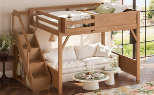 English Elm Queen Loft Bed Solid Pine Frame with Built-In Wardrobe Shelves and Stair Access Antique Natural W1580S00767