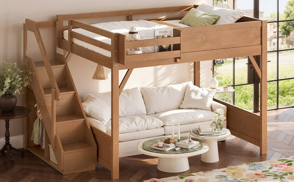 English Elm Queen Loft Bed Solid Pine Frame with Built-In Wardrobe Shelves and Stair Access Antique Natural W1580S00767