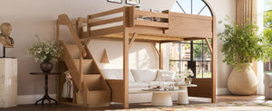 English Elm Queen Loft Bed Solid Pine Frame with Built-In Wardrobe Shelves and Stair Access Antique Natural W1580S00767