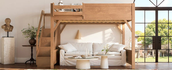 English Elm Queen Loft Bed Solid Pine Frame with Built-In Wardrobe Shelves and Stair Access Antique Natural W1580S00767