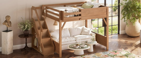 English Elm Queen Loft Bed Solid Pine Frame with Built-In Wardrobe Shelves and Stair Access Antique Natural W1580S00767