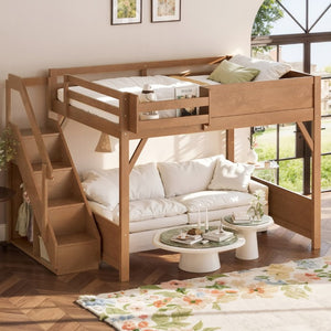 English Elm Queen Loft Bed Solid Pine Frame with Built-In Wardrobe Shelves and Stair Access Antique Natural W1580S00767