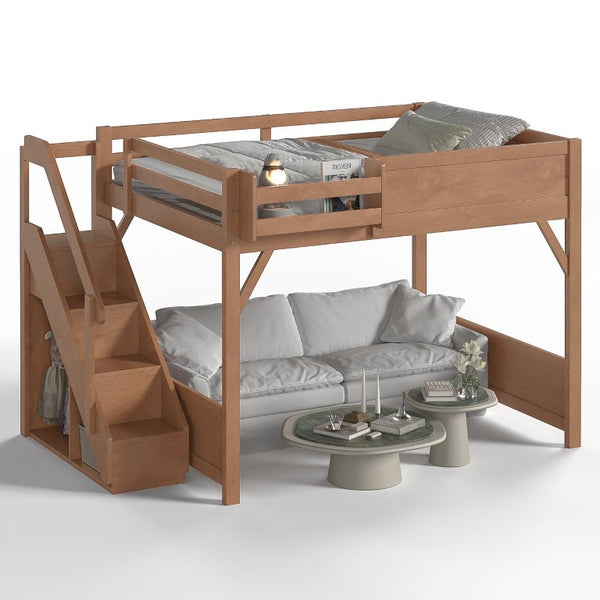 English Elm Queen Loft Bed Solid Pine Frame with Built-In Wardrobe Shelves and Stair Access Antique Natural W1580S00767