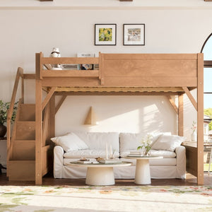 English Elm Queen Loft Bed Solid Pine Frame with Built-In Wardrobe Shelves and Stair Access Antique Natural W1580S00767