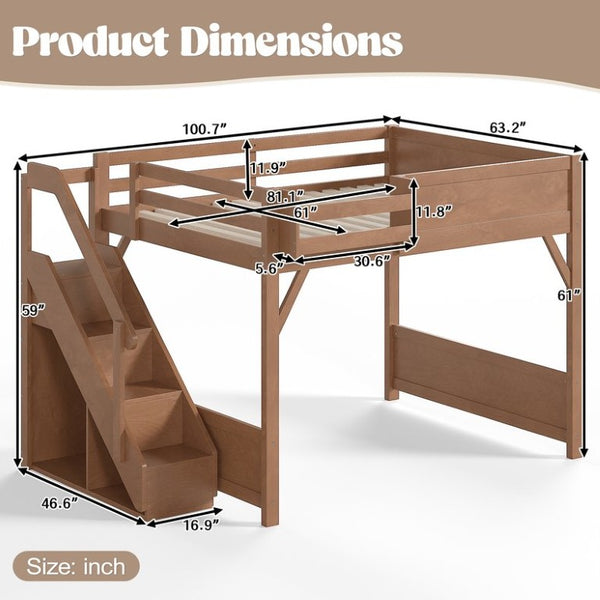 English Elm Queen Loft Bed Solid Pine Frame with Built-In Wardrobe Shelves and Stair Access Antique Natural W1580S00767
