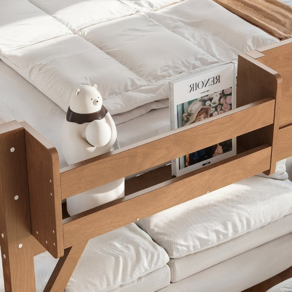 English Elm Queen Loft Bed Solid Pine Frame with Built-In Wardrobe Shelves and Stair Access Antique Natural W1580S00767