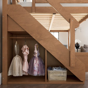 English Elm Queen Loft Bed Solid Pine Frame with Built-In Wardrobe Shelves and Stair Access Antique Natural W1580S00767