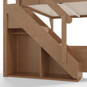 English Elm Queen Loft Bed Solid Pine Frame with Built-In Wardrobe Shelves and Stair Access Antique Natural W1580S00767