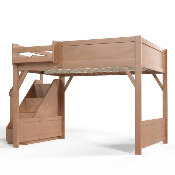 English Elm Queen Loft Bed Solid Pine Frame with Built-In Wardrobe Shelves and Stair Access Antique Natural W1580S00767