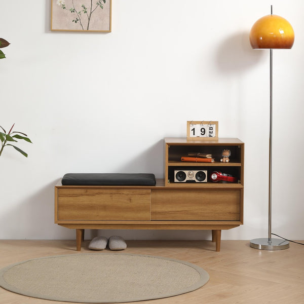 English Elm Antique Oak Entryway Bench Cabinet with Padded Seat and Sculpted 3d Edge Storage W1581P144418