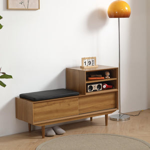 English Elm Antique Oak Entryway Bench Cabinet with Padded Seat and Sculpted 3d Edge Storage W1581P144418