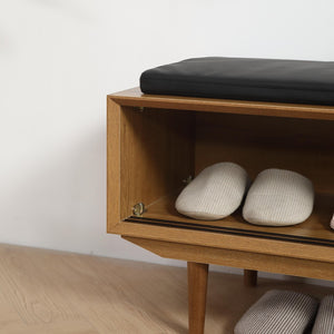 English Elm Antique Oak Entryway Bench Cabinet with Padded Seat and Sculpted 3d Edge Storage W1581P144418