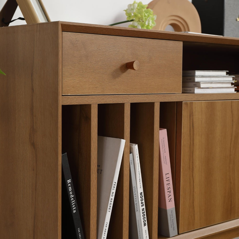 English Elm Antique Vinyl Record Cabinet with Solid Wood Legs and Lower Storage for Music Rooms W1581P144436