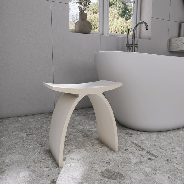 English Elm 16.5 Inch Solid Surface Arch Bath Stool Sculptural Matte Spa Grade Waterproof Design Cream 14 inches W1613P591215