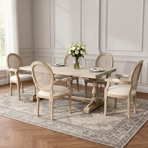 English Elm French Country Rattan Mesh Armchairs with Fluted Rubberwood Legs for Farmhouse Dining W1622P506515