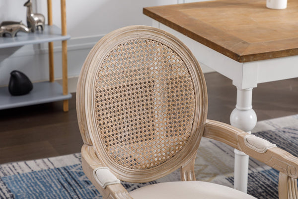 English Elm French Country Rattan Mesh Armchairs with Fluted Rubberwood Legs for Farmhouse Dining W1622P506515