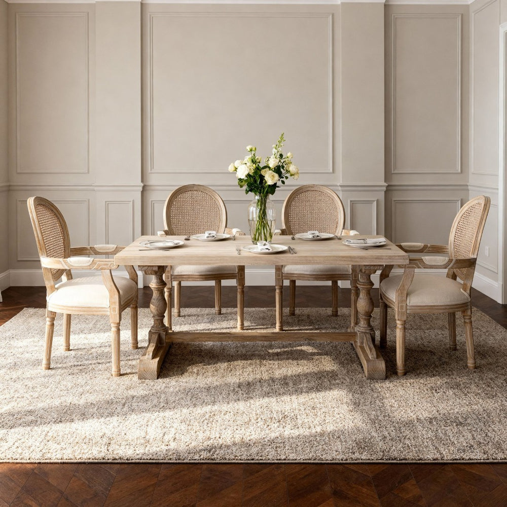 English Elm French Country Rattan Mesh Armchairs with Fluted Rubberwood Legs for Farmhouse Dining W1622P506515