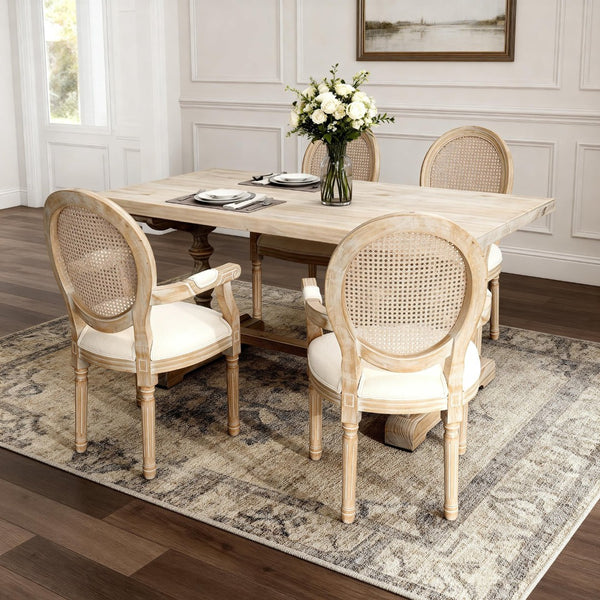 English Elm French Country Rattan Mesh Armchairs with Fluted Rubberwood Legs for Farmhouse Dining W1622P506515