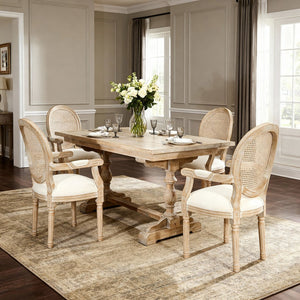 English Elm French Country Rattan Mesh Armchairs with Fluted Rubberwood Legs for Farmhouse Dining W1622P506515