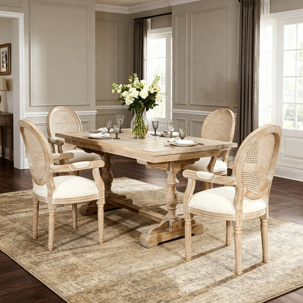 English Elm French Country Rattan Mesh Armchairs with Fluted Rubberwood Legs for Farmhouse Dining W1622P506515