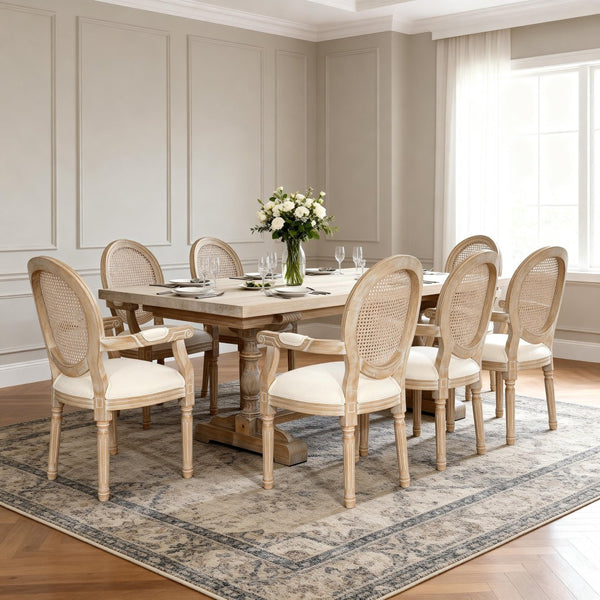 English Elm French Country Rattan Mesh Armchairs with Fluted Rubberwood Legs for Farmhouse Dining W1622P506515