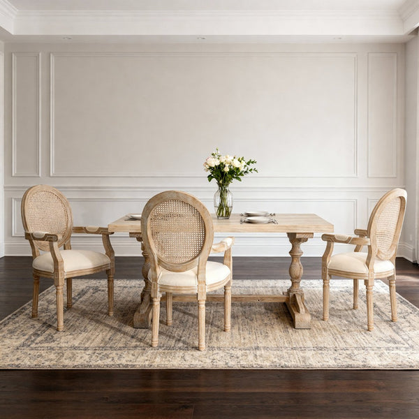 English Elm French Country Rattan Mesh Armchairs with Fluted Rubberwood Legs for Farmhouse Dining W1622P506515