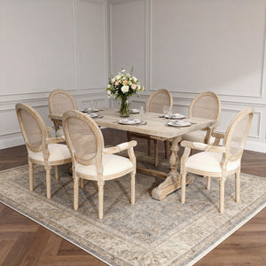 English Elm French Country Rattan Mesh Armchairs with Fluted Rubberwood Legs for Farmhouse Dining W1622P506515
