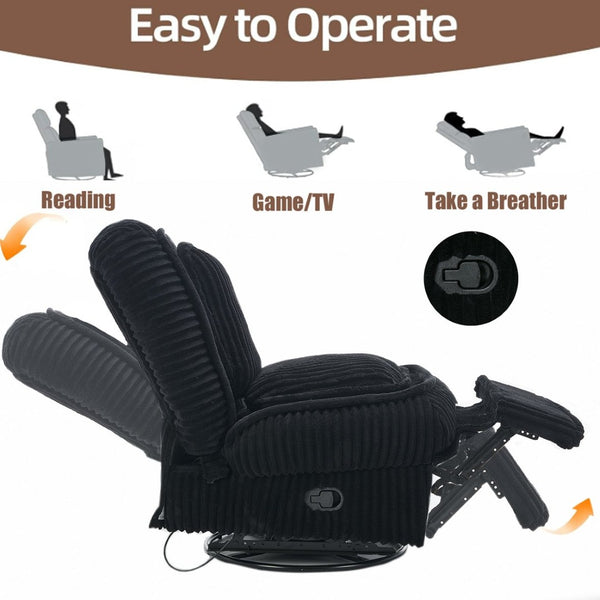 English Elm [new Arrived] Corduroy Swivel Recliner Chair with Glider Base for Small Living Spaces Black W1628P264782