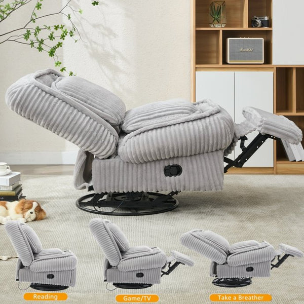 English Elm [new Arrived] Corduroy Swivel Recliner Chair with Glider Base for Small Living Spaces Gray W1628P264783