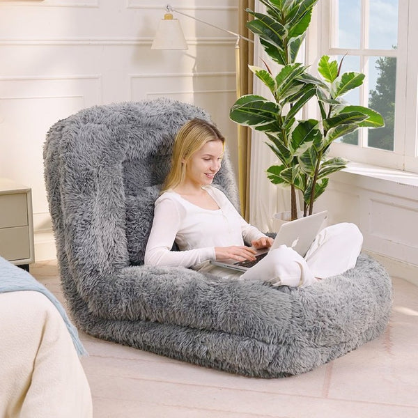 English Elm [new Arrived] Faux Fur Convertible Floor Lounger Plush Gaming Sofa Bed for Living Room Light Gray W1628P387374